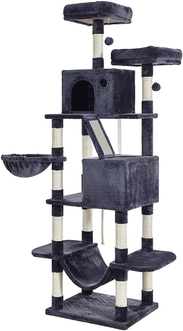 Kattenboom met krabpaal, hangmat en grot, 7 niveaus, rookgrijs, 206 cm