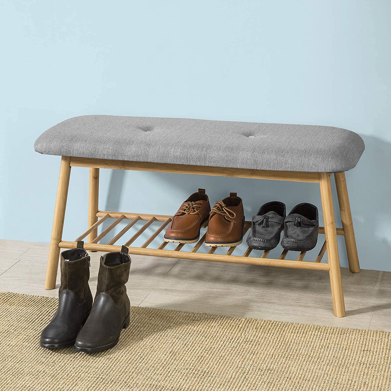 Bamboe Schoenenrek - Schoenenbank met Zitkussen - Gang - B91 × D34 × H45cm