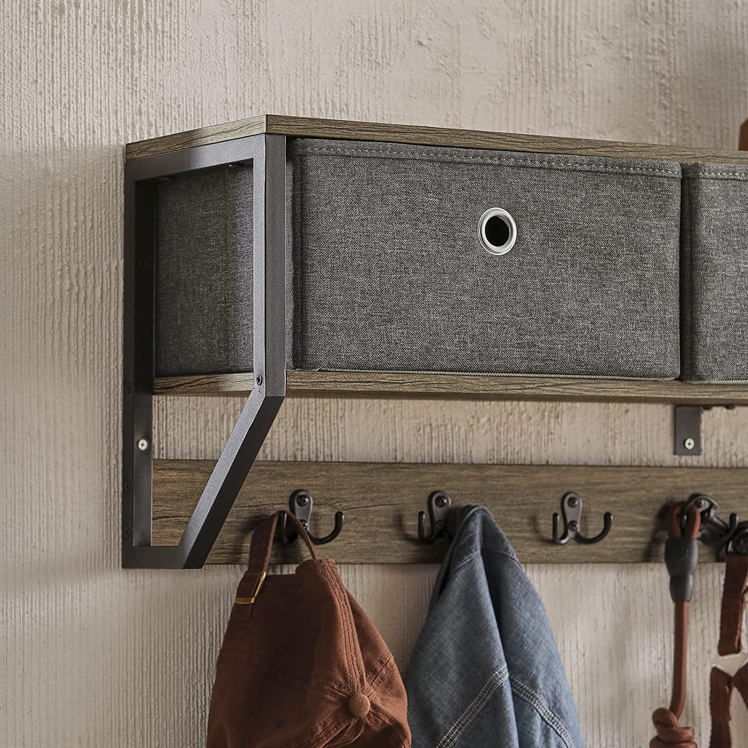 Wandkapstok Wand - Hal Wandplank - Opbergkast met 3 Manden 7 Haken - B100 x D20 x H30cm