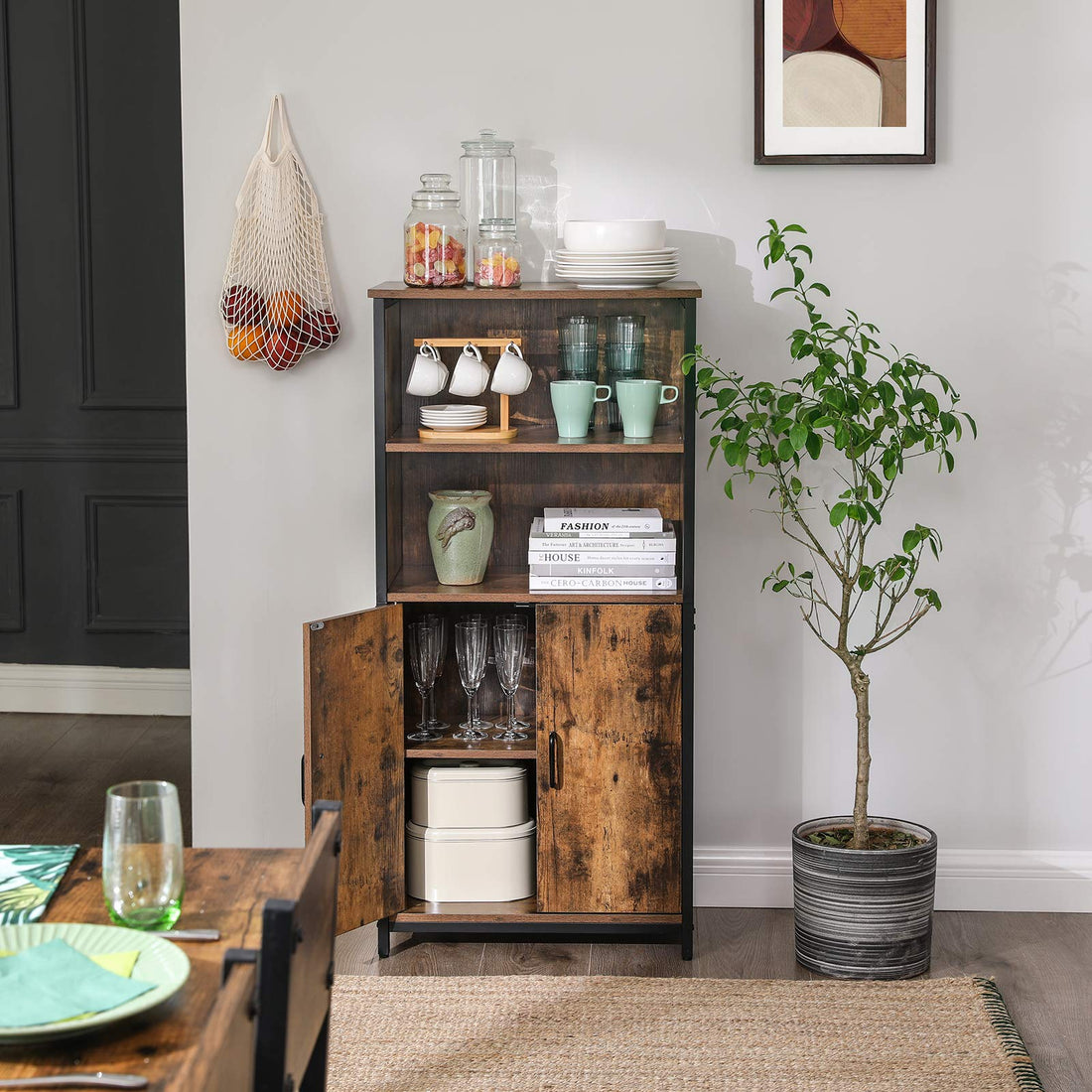 Boekenkast met 2 open vakken, verstelbare plank, vintage bruin-zwart (60 x 35 x 125 cm)