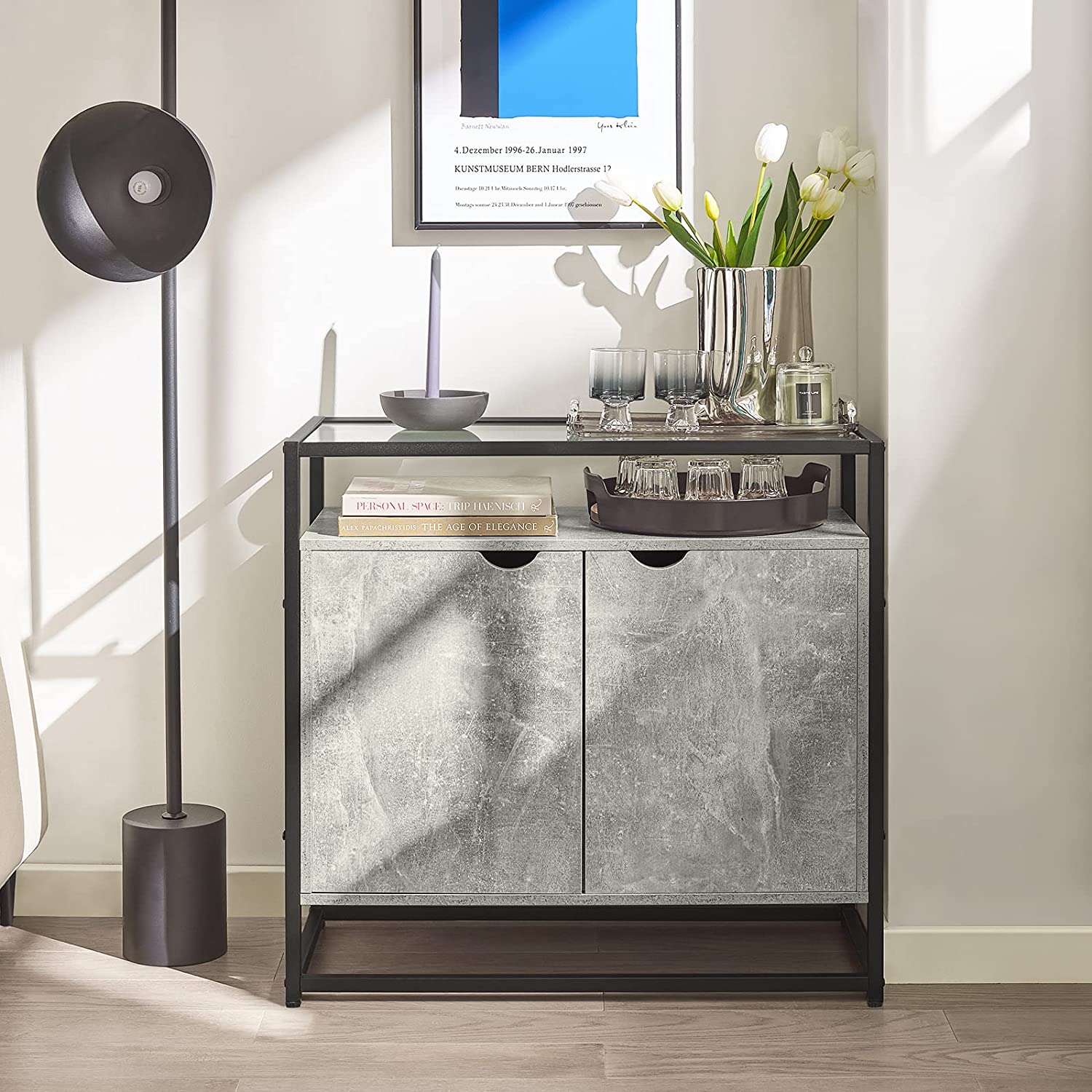 Dressoir met glazen blad en 2 deuren - Hal Console Tafel Keuken Eetkamer Woonkamer Opbergkast Kast Dressoir