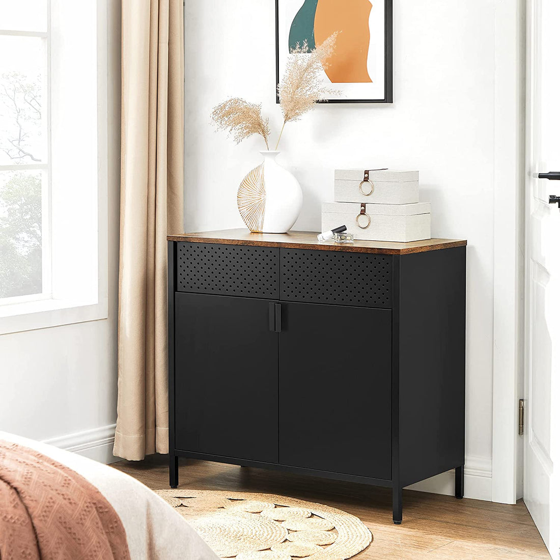 Sideboard mit Magnetverschluss, verstellbaren Einlegeböden, braun/schwarz, 80 x 40 x 76 cm