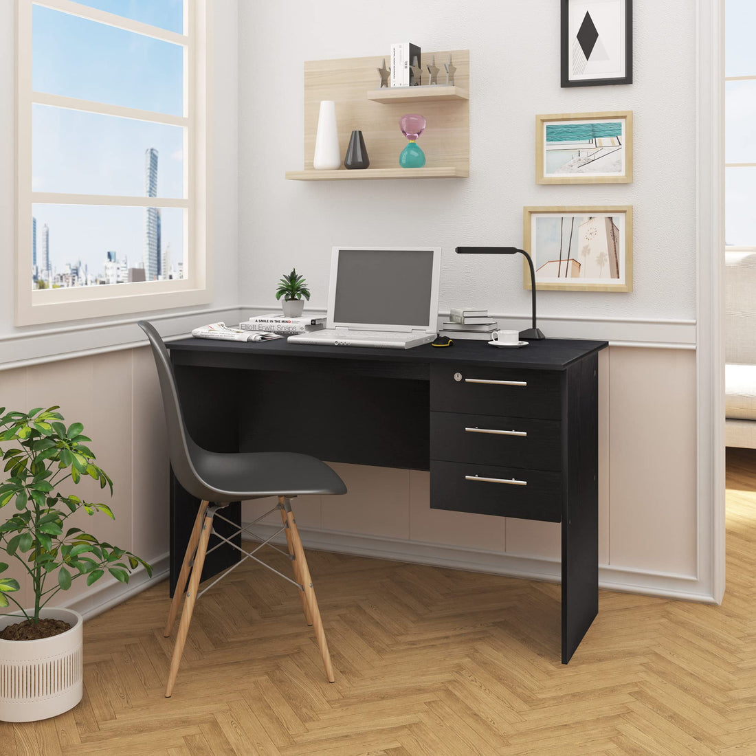 Schreibtisch mit 3 Schubladen und Schloss | Schwarz | 120x60x75 cm