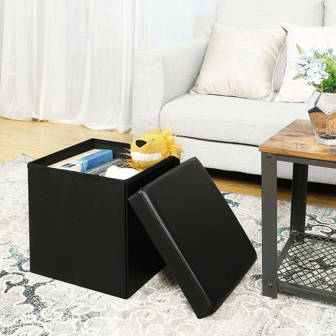 Opvouwbare hocker met opbergruimte - bijzettafel - zwart - 38 x 38 x 38 cm