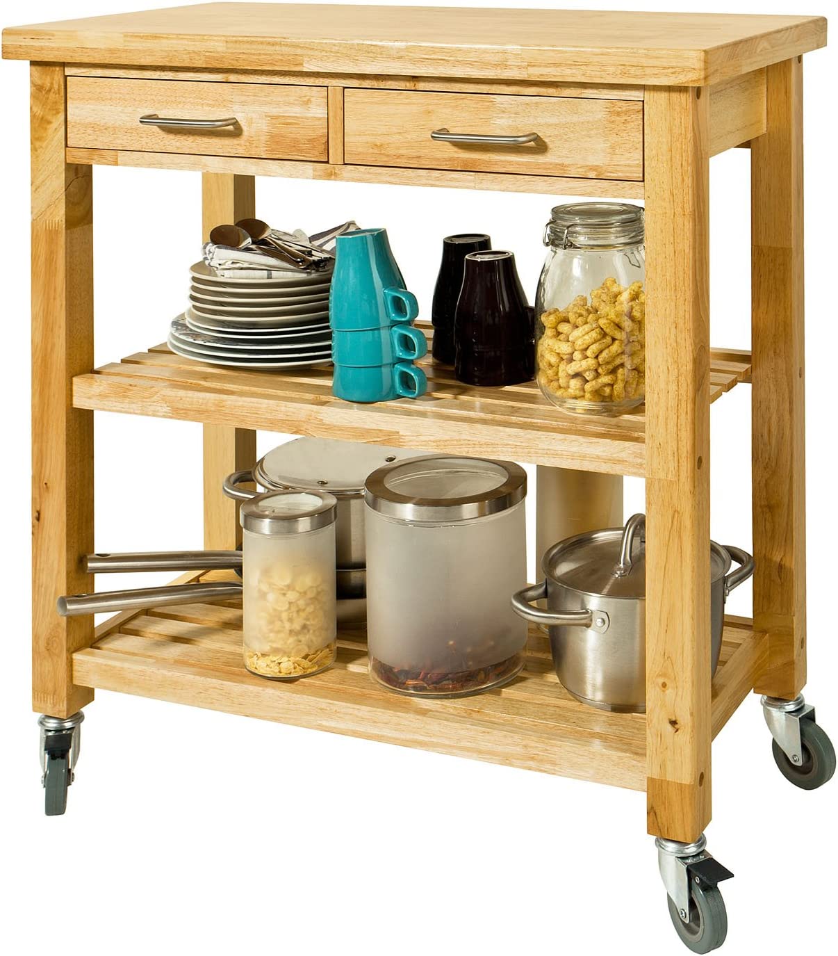 Rubber Wood Kitchen - Opbergwagen met twee laden en planken