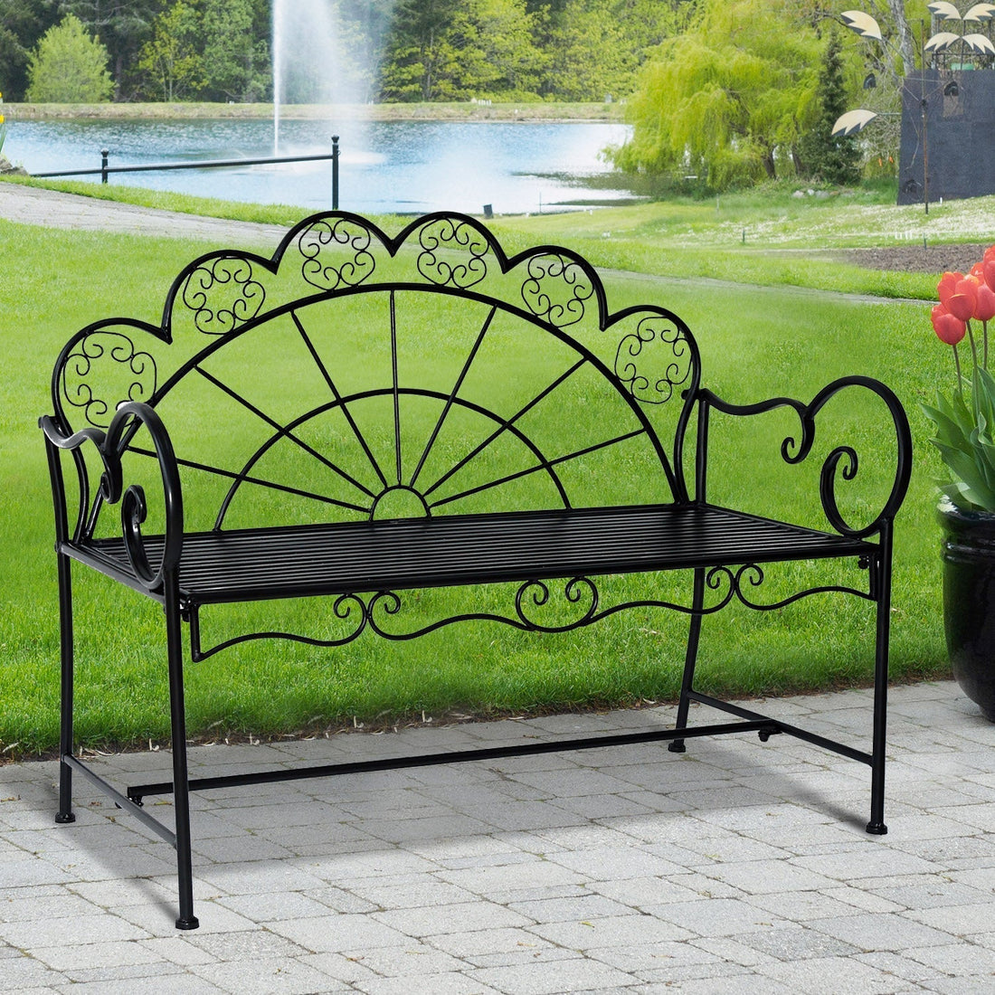 Metall-Gartenbank für 2 Personen | Farbe: Schwarz | Maße: 107x55.5x88.5 cm