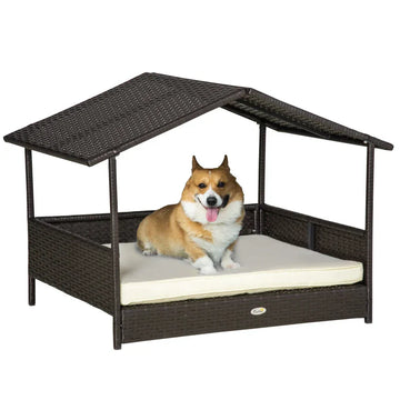 Hondenhok met dak en kussen - PE-rattan | Kleur: Bruin | Afmetingen: 69x98x70 cm