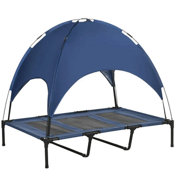 Verhoogd hondenbed met luifel | Kleur: Donkerblauw+zwart | Afmetingen: 92x122x108 cm