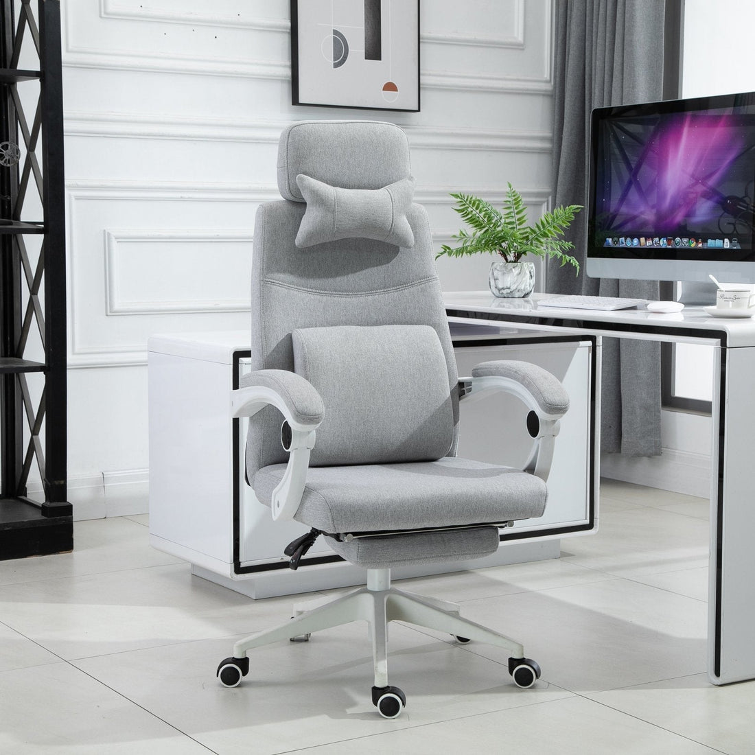 Ergonomischer Bürostuhl mit Fußstütze | Farbe: Grau | Abmessungen: 62x68x117-127 cm