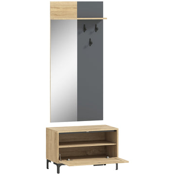 Kapstokset met schoenenbank en spiegel | Kleur: Bruin + grijs | Afmetingen: 68x35x43 cm