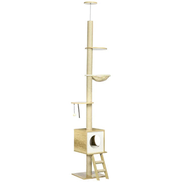 Kattenkrabpaal met kattenhuis | Kleur: Lichtbruin + beige | Afmetingen: 40x40x240-260 cm