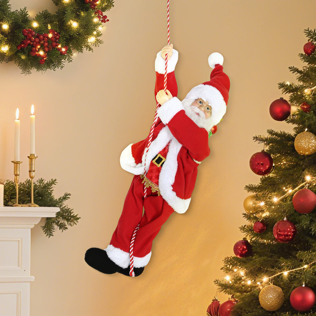 Zingende en klimmende kerstman 60 cm met cadeauzak | Kleur: Rood | Afmetingen: 18x20x60 cm