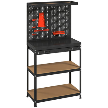 Werkbank met gereedschapshaken, lade en legplanken | Kleur: Zwart | Afmetingen: 80x40.5x155 cm