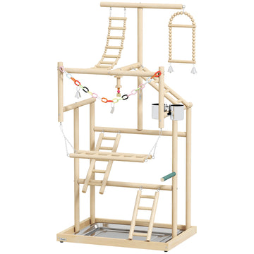 Vogelstandaard met 4 etages en speelgoed | Kleur: Natuurlijk hout | Afmetingen: 48x38x95 cm