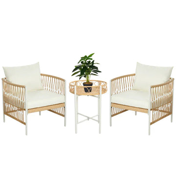 Rattan bistroset - 2 stoelen en tafel | Kleur: Geel+Crèmewit+Wit | Afmetingen: 66x72x64 cm