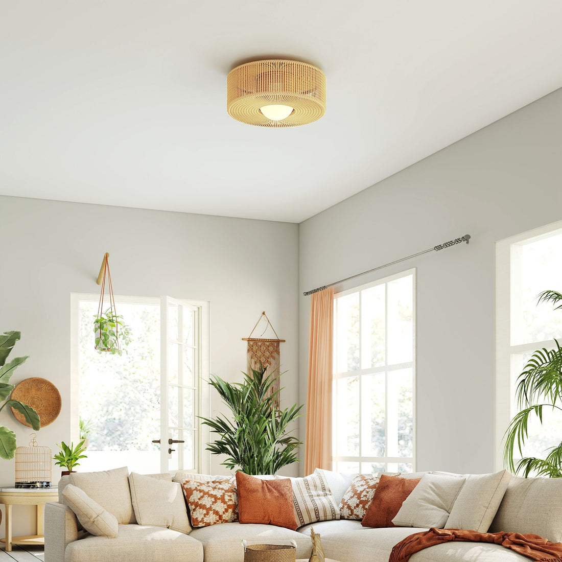 Boho plafondlamp met henneptouw en G9-ledfitting | Kleur: Bruin | Afmetingen: 30x30x16 cm