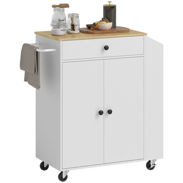 Keukenwagen op wielen met lade en kast | Kleur: Wit en bruin | Afmetingen: 82x38x86.5 cm