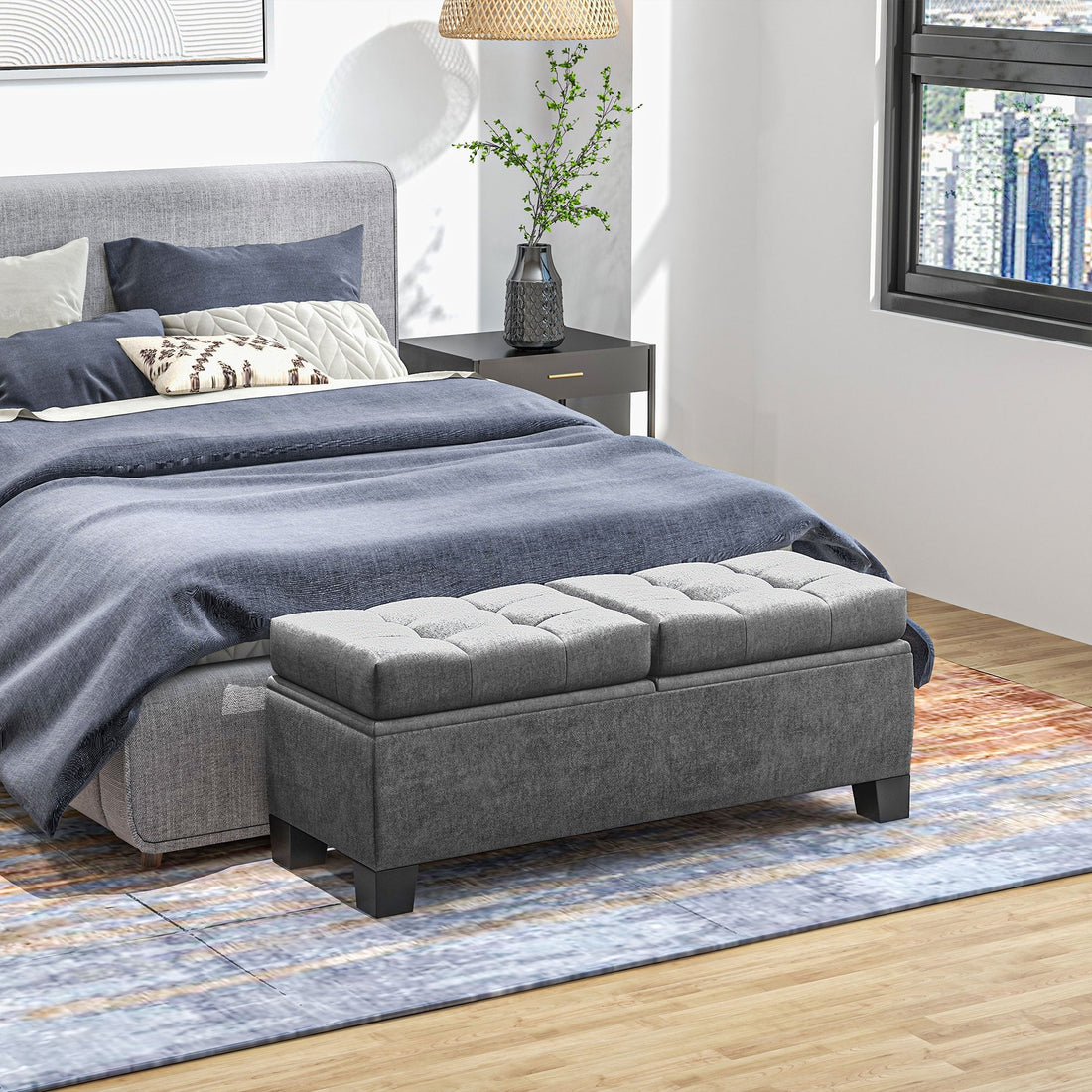 Sitzbank mit Kissen und Stauraum | Farbe: Grau | Maße: 116x41x47 cm
