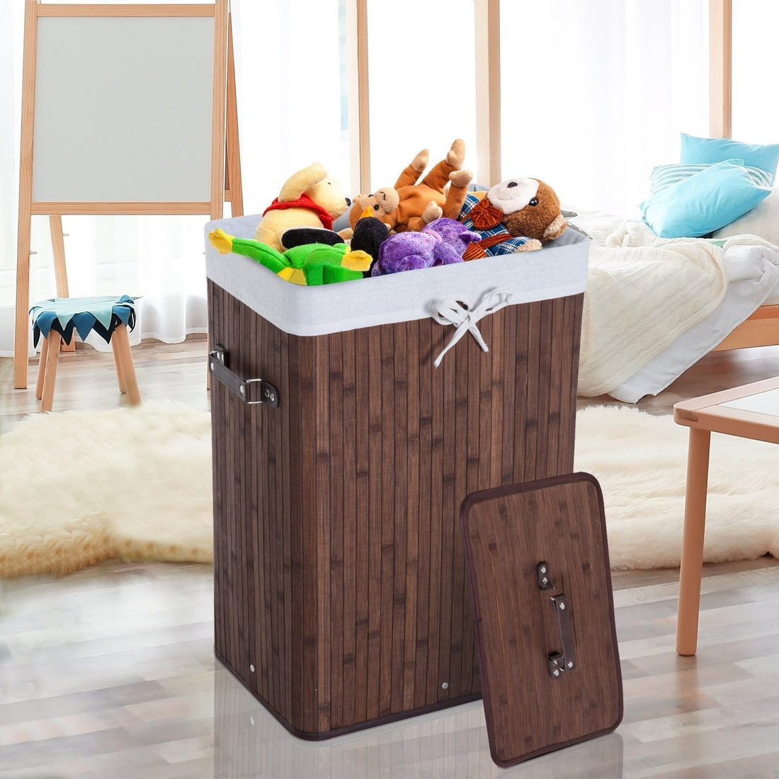 Tvättkorg i bambu 72 liter med lock | Färg: Mörkbrun/grå | Mått: 30x40x60 cm