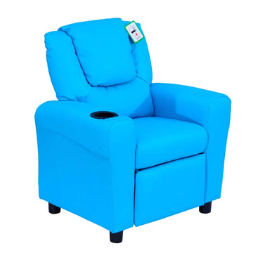 Kinderfauteuil met ligfunctie en bekerhouder | Kleur: Blauw | Afmetingen: 52x62x69 cm