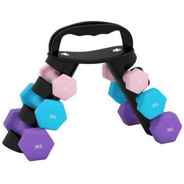 Hantelset 6-delig, 1-3 kg met standaard | Kleur: Roze+Lichtblauw+Paars | Afmetingen: 42x10x30 cm
