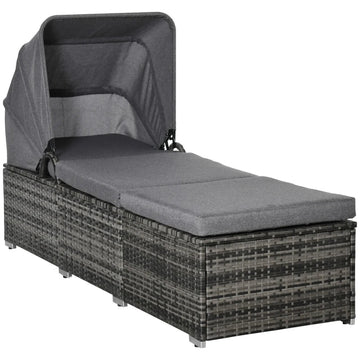 Ligbed met zonnekap van PE-rattan | Kleur: Grijs | Afmetingen: 65x195x40 cm