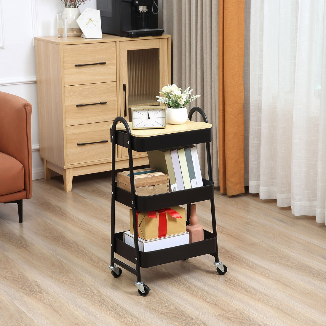 Keukentrolley met 3 niveaus en MDF-blad | Kleur: Zwart | Afmetingen: 31x45x79.4 cm