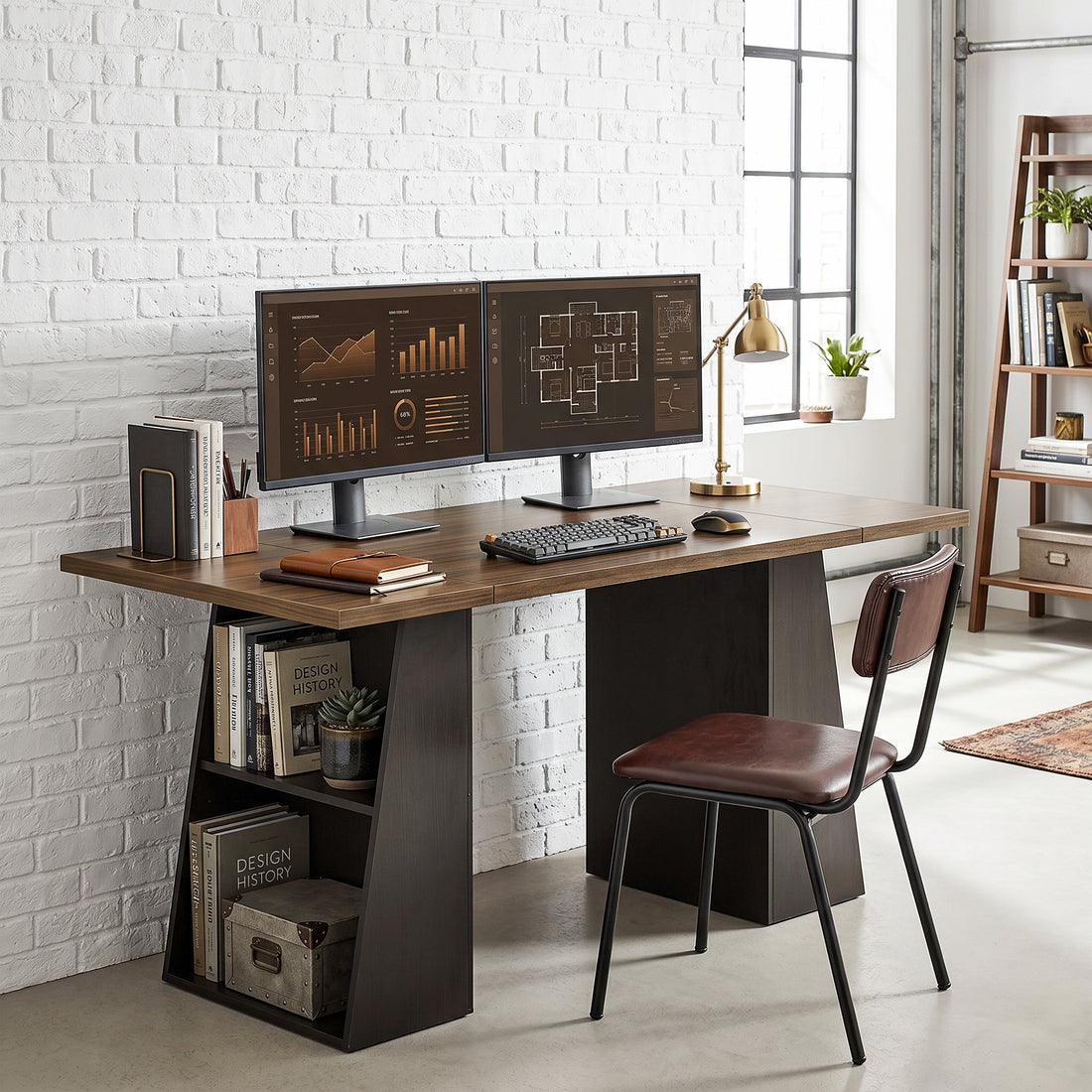 Schreibtisch mit 4 offenen Fächern, industriell | Farbe: Braun-Schwarz | Abmessungen: 140x78x75 cm
