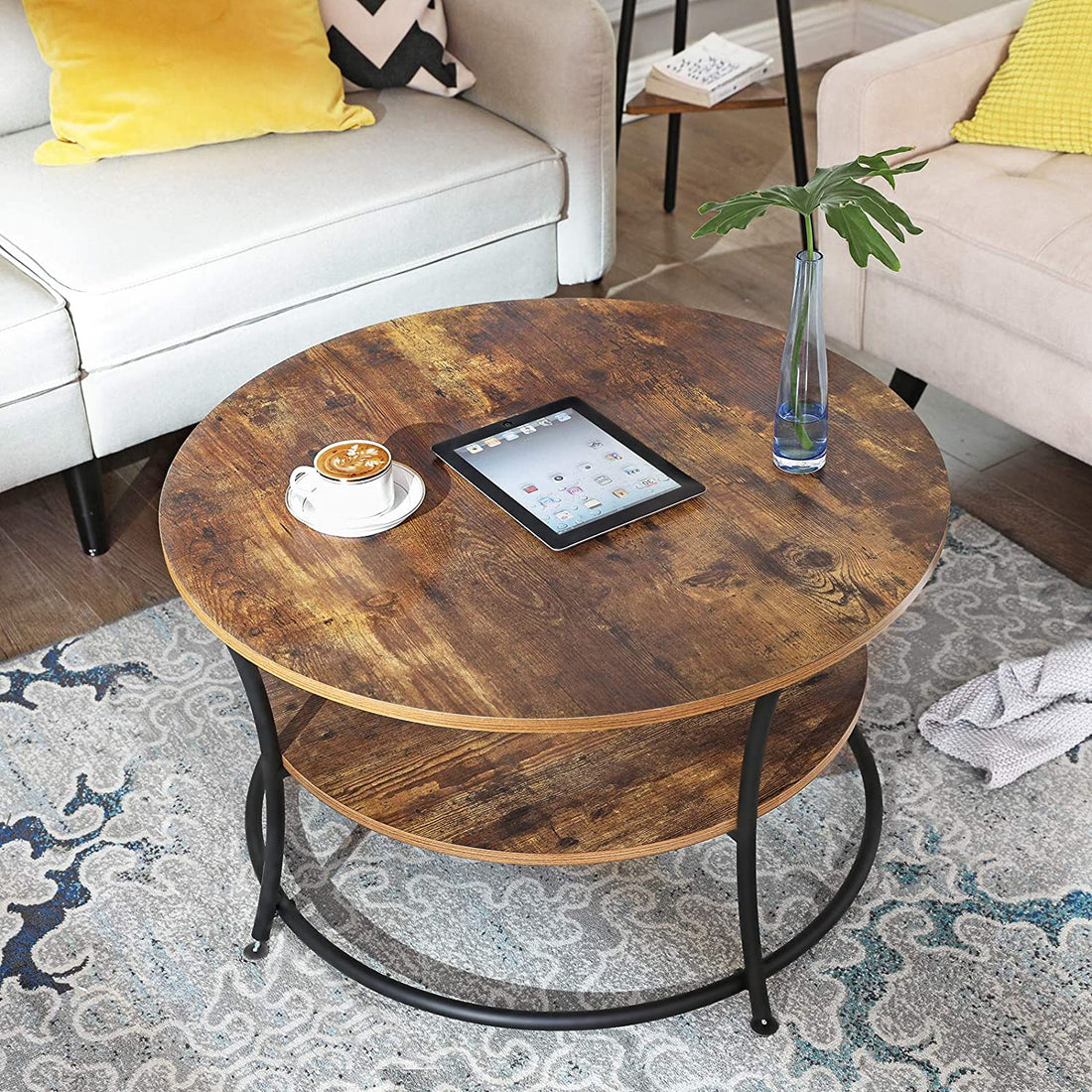 Ronde salontafel - industriële stijl - 2 legplanken - 80 x 45 cm