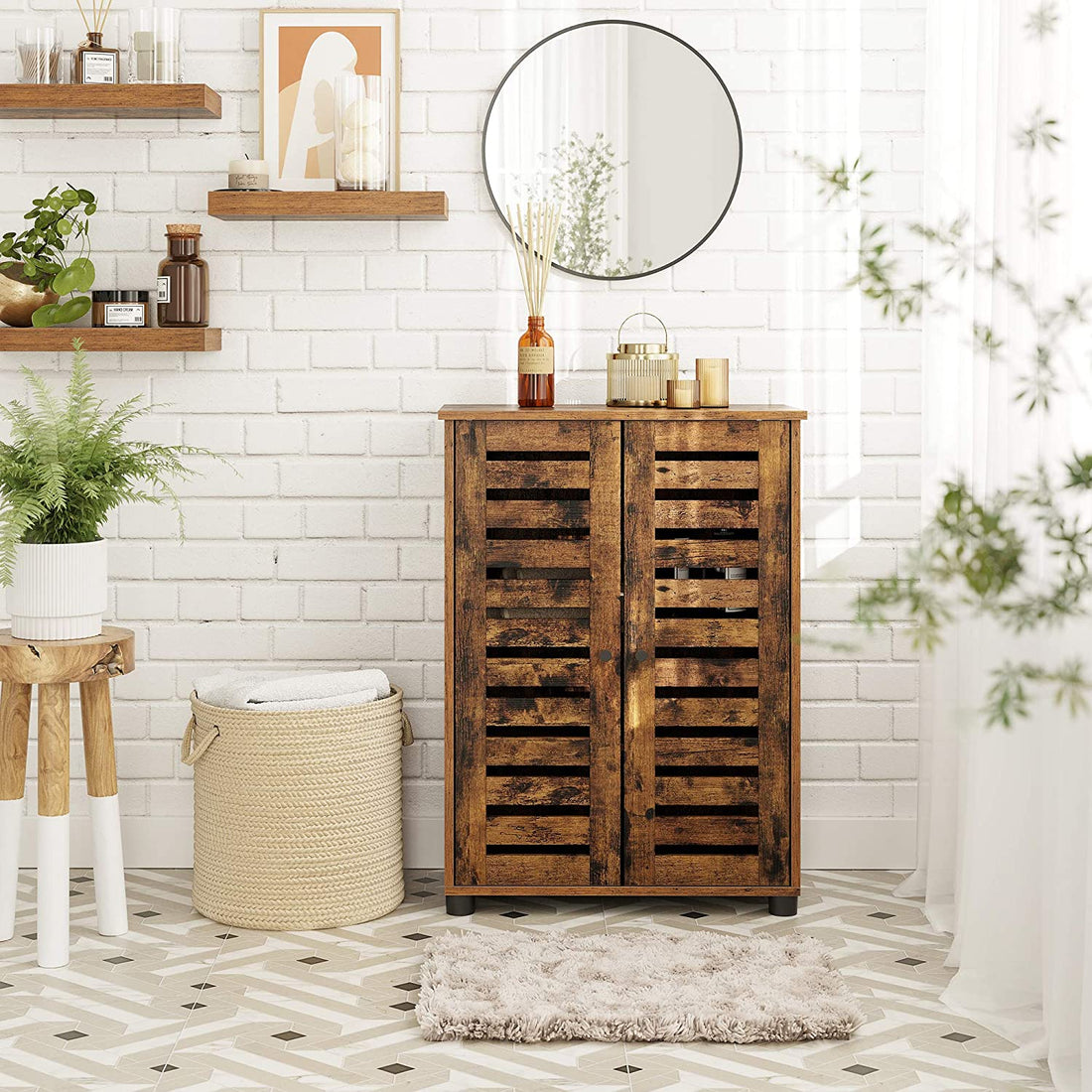 Badezimmerschrank mit verstellbaren Einlegeböden - bearbeitetes Holz - braun - 60 x 30 x 82 cm
