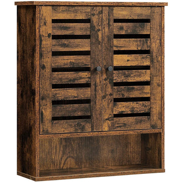 Badkamer-wandkast met 2 deuren, open vak, bruin hout, industrieel, 60 x 20 x 70 cm