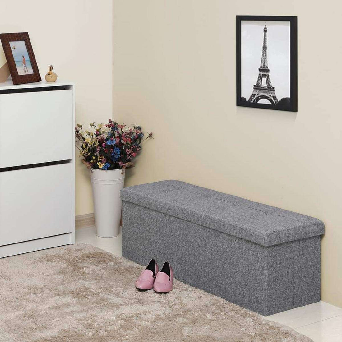 Opbergbank - Hocker - Inklapbaar - Opbergruimte - Lichtgrijs - 110 x 38 x 38 cm