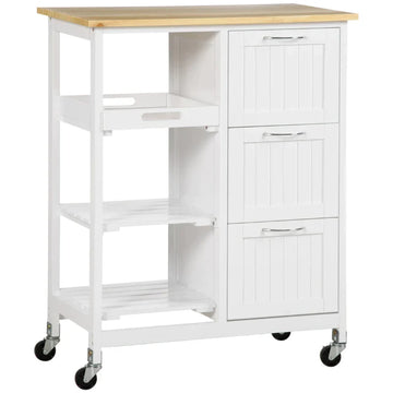 Keukentrolley met 3 laden en dienblad | Kleur: Naturel+Wit | Afmetingen: 37x67x87 cm
