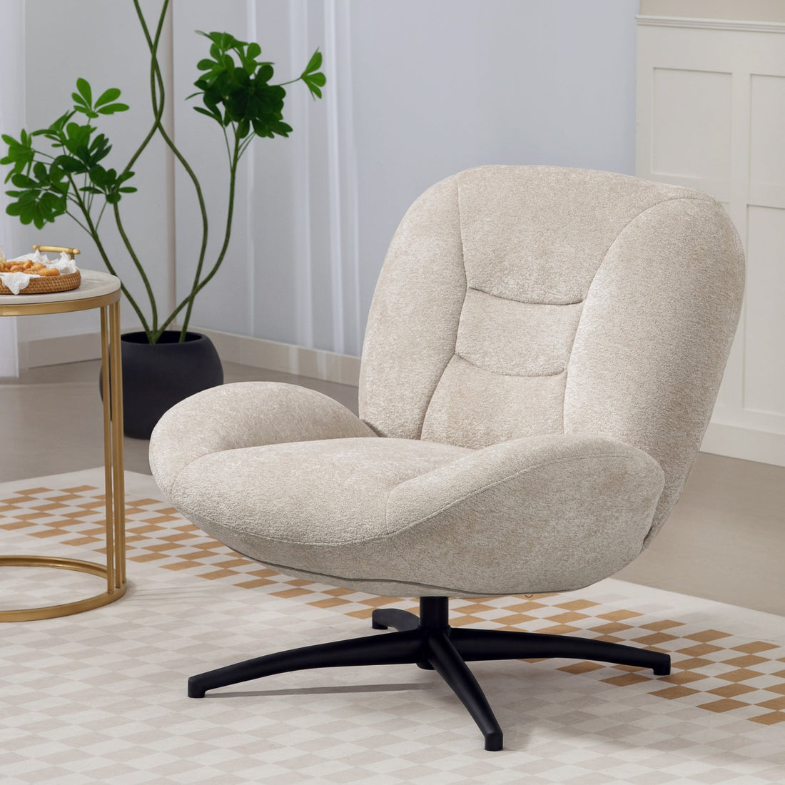 Drehsessel - Chenille-Akzentsessel mit Stahlgestell | Farbe: Weiß | Abmessungen: 83x89x85 cm
