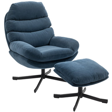 Relaxfauteuil met voetenbank - Chenille loungestoel | Kleur: Blauw | Afmetingen: 78x93x100 cm
