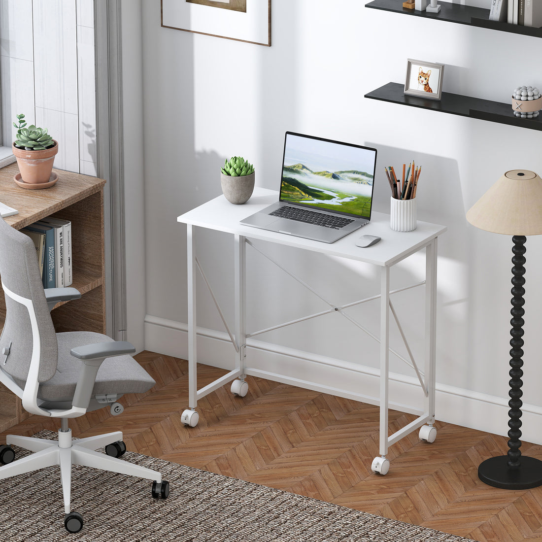 Klappbarer Schreibtisch auf Rollen mit Stahlrahmen | Farbe: Weiß | Abmessungen: 80x40x75 cm