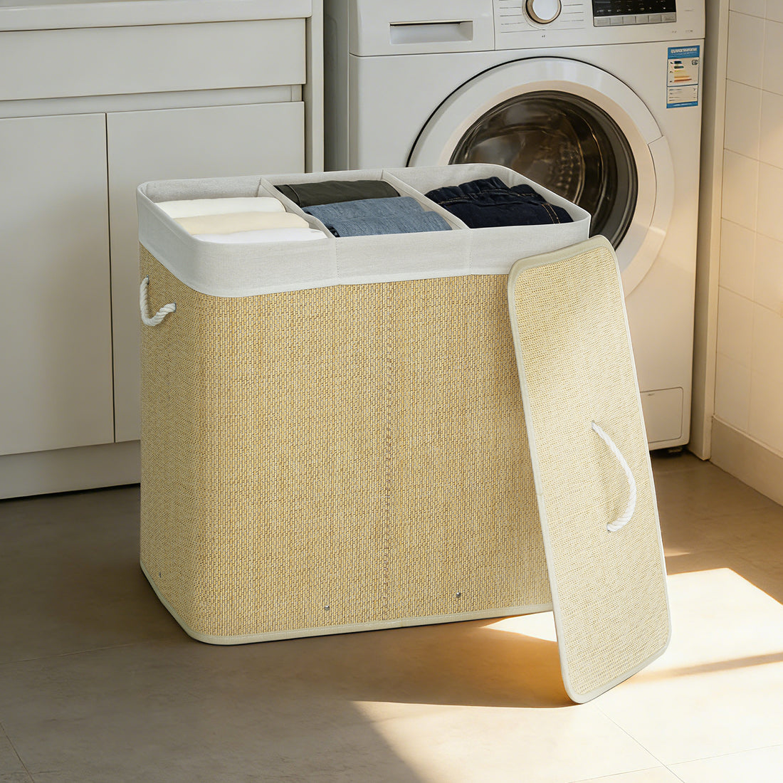 Tvättkorg i bambu med lock 3 fack 144 L | Färg: Creme | Mått: 40x60x60 cm