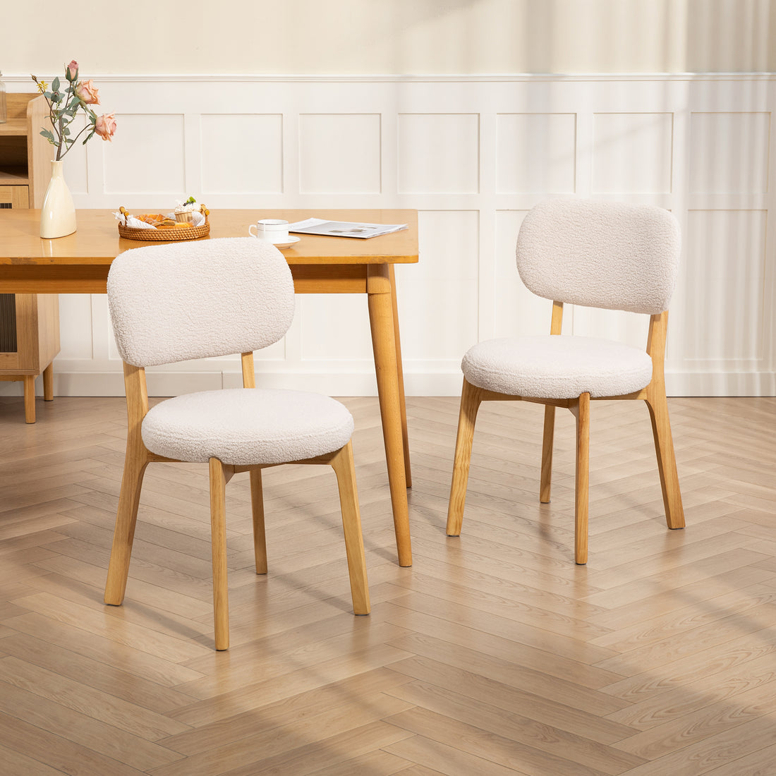 Eetkamerstoelen 2-delige set, bouclé | Kleur: Crème | Afmetingen: 46,5x52x80 cm