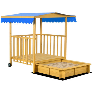 Houten zandbak met speelhuis en luifel | Kleur: Natuurlijk hout | Afmetingen: 129x133x137.5 cm