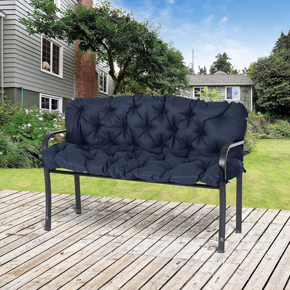 Gartenbankauflage mit Befestigungsbändern | Farbe: Blau | Abmessungen: 150x98x8 cm
