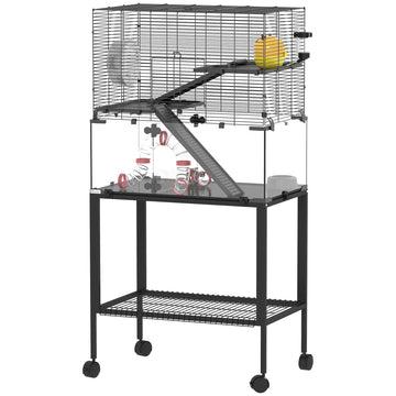 Hamsterkooi met 3 etages, wiel en accessoires | Kleur: Zwart | Afmetingen: 49x77x130.5 cm