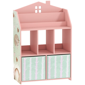 Kinderboekenkast met 2 stoffen lades | Kleur: Roze | Afmetingen: 62,5x30x91,5 cm