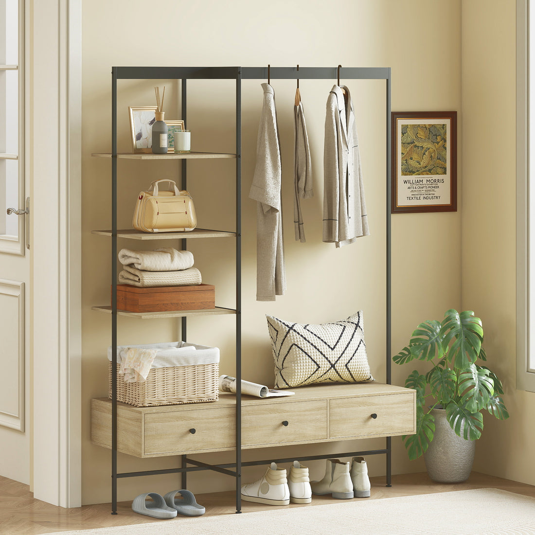 Garderoberek met planken, laden en kledingstang | Kleur: Eiken | Afmetingen: 135x48x180 cm