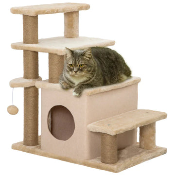 Kattentrap met krabpaal en kattenhuis | Kleur: Beige | Afmetingen: 40x60x66 cm