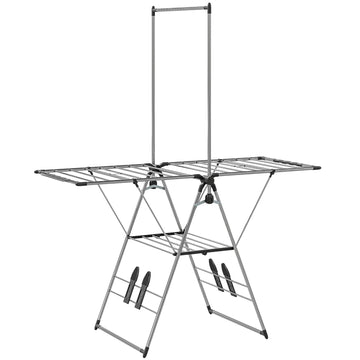 Opvouwbaar droogrek met verstelbare vleugels | Kleur: Zilver, Zwart | Afmetingen: 68x156.5x192 cm