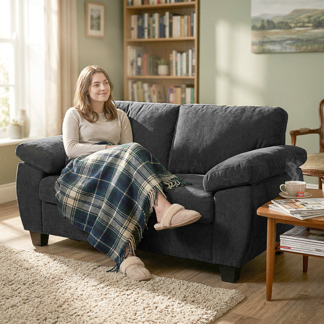 2-zitsbank chenille met vering, donkergrijs | Kleur: Donkergrijs | Afmetingen: 156x77x81 cm