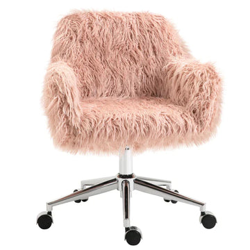 Bureaustoel van faux fur met armleuningen | Kleur: Roze+Zilver | Afmetingen: 57x60x75-85 cm