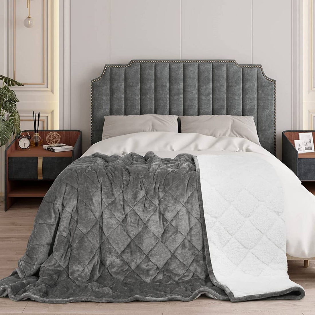 Gewichtsdecke für Erwachsene doppelseitig Flanell Sherpa 7 kg | Grau | 150x200 cm