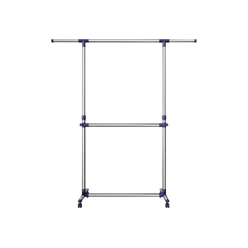 Kledingrek op wielen - 2 stangen - verstelbaar - industrieel - grijs/blauw