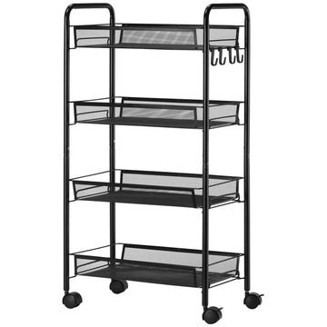 Trolley met 4 hangmanden - Verrijdbare opbergwagen | Kleur: Zwart | Afmetingen: 26.5x45x84 cm